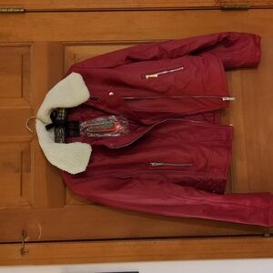 Yoki Red Faux Leather Motorcycle Jacket Detachable Faux Shearling Collar Lined M
